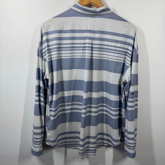 PrAna Top Women's L Striped Agnes Blue White Button Down Shirt Roll Tab Sleeves - Picture 2 of 6